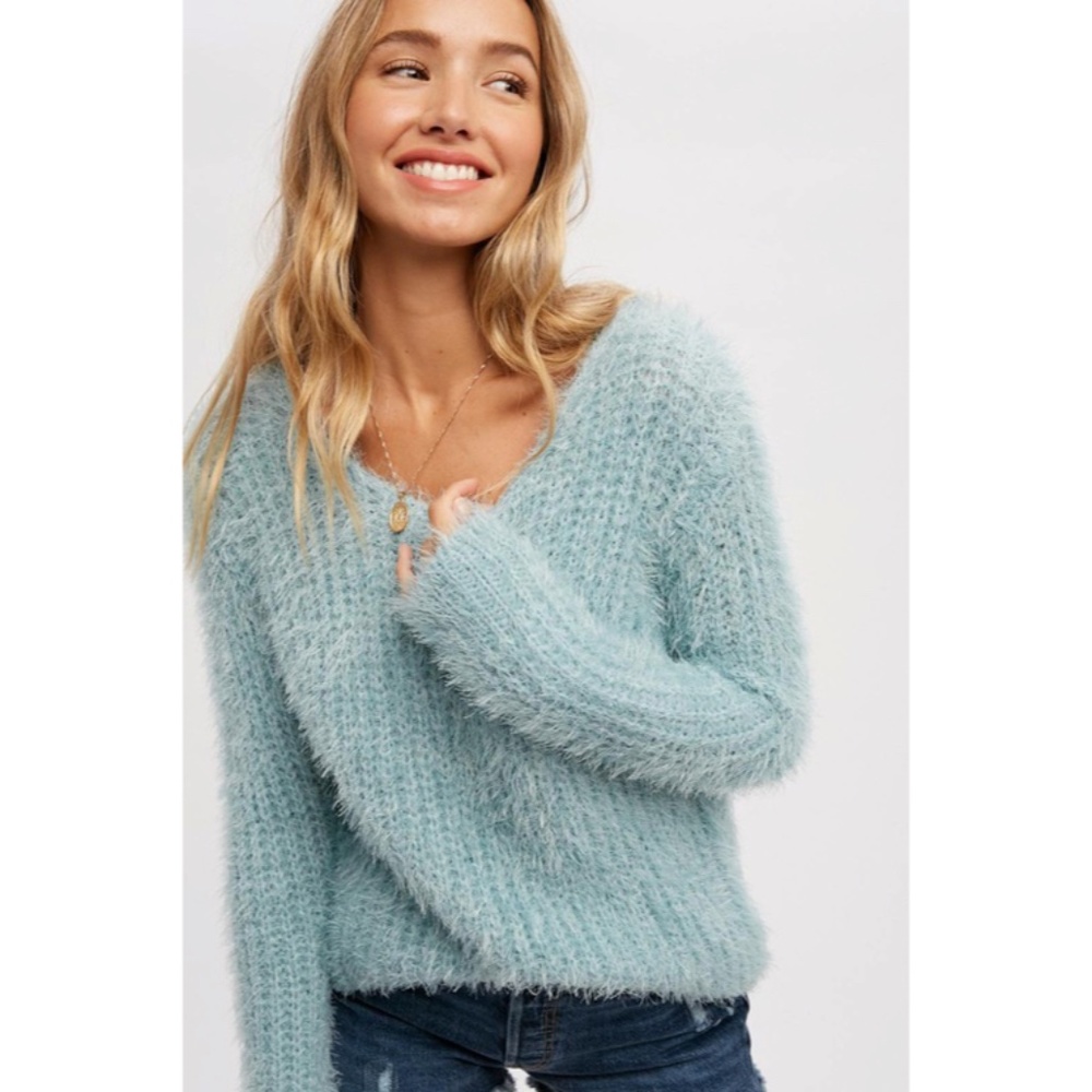SOLD OUT Dark Mint Fuzzy Boucle Comfy Soft Pullover Knit Relaxed Fit Sweater - Picture 2 of 8